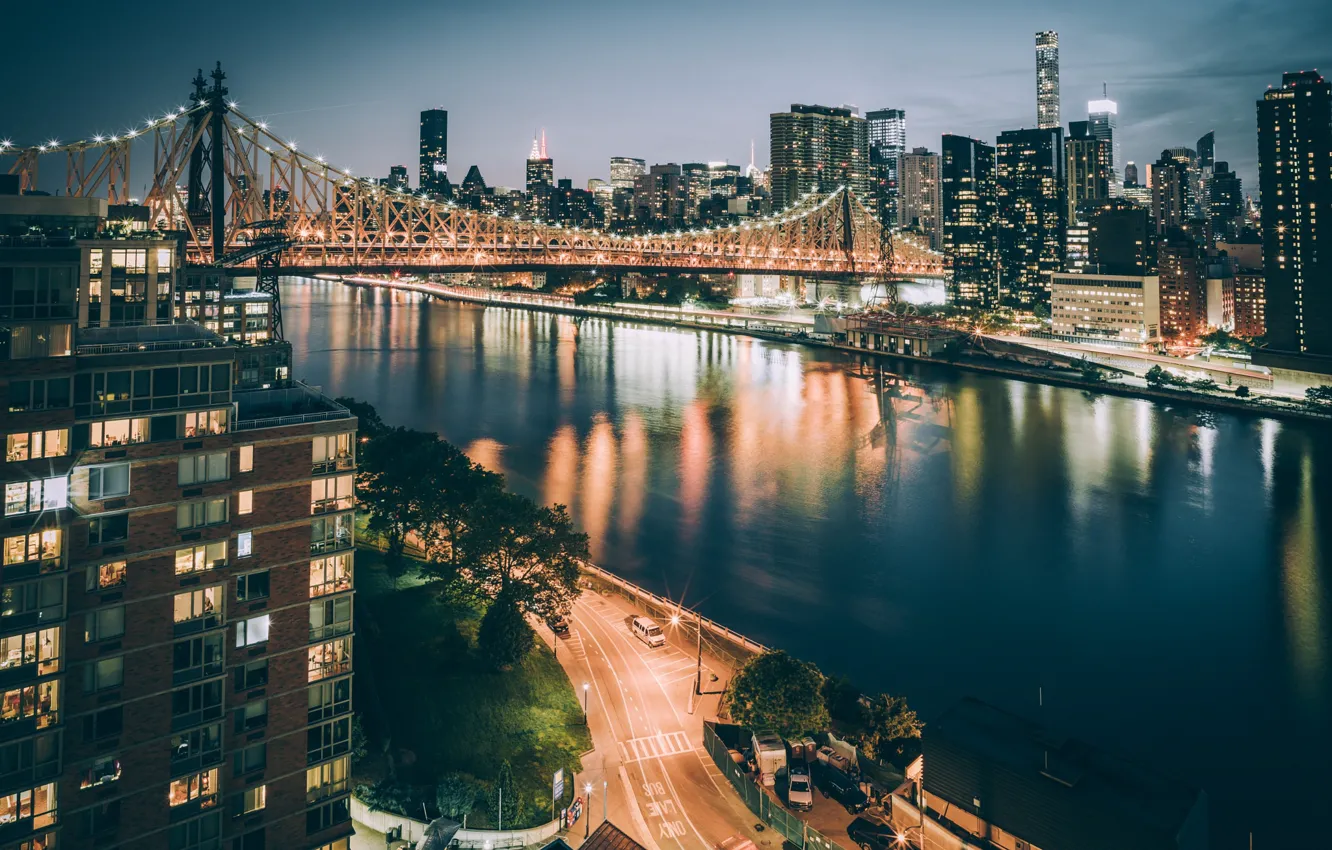 Photo wallpaper night, bridge, the city, lights, USA, New York