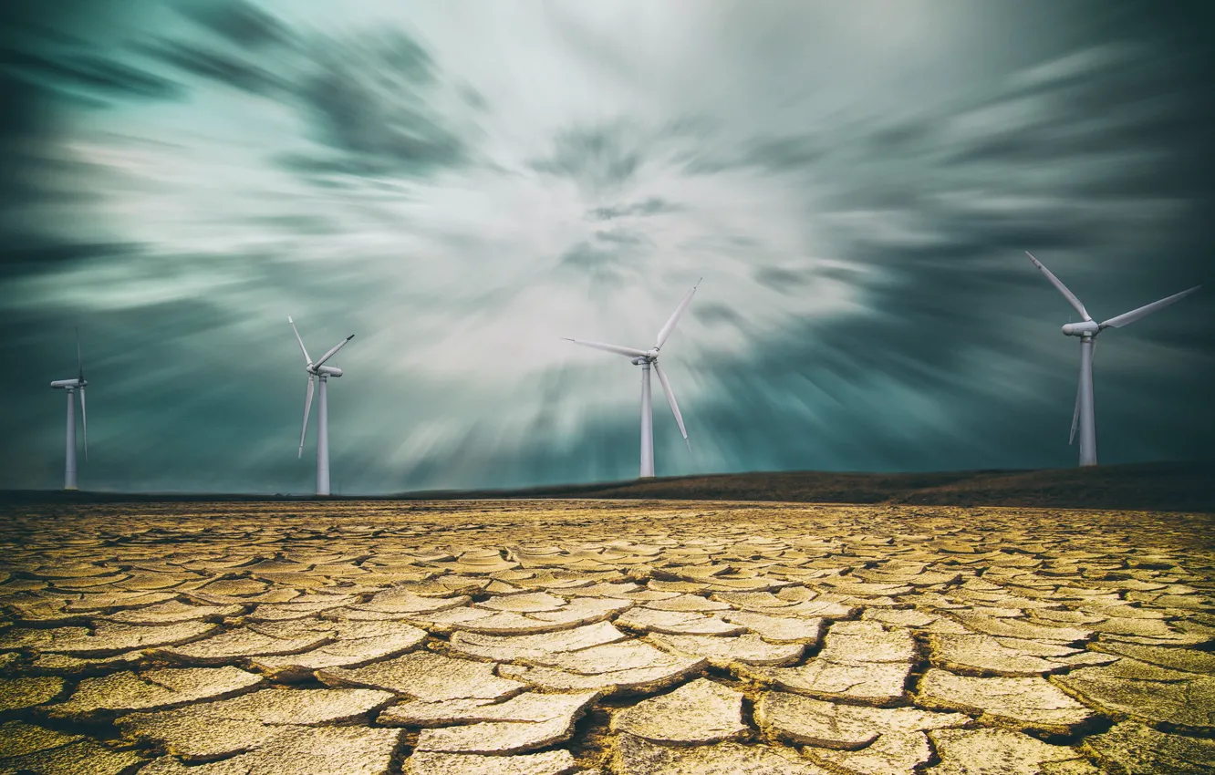 Photo wallpaper landscape, desert, windmills