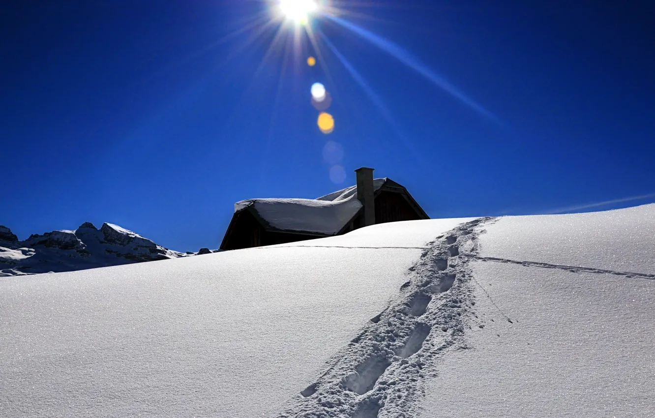 Photo wallpaper winter, the sky, snow, landscape, traces, house