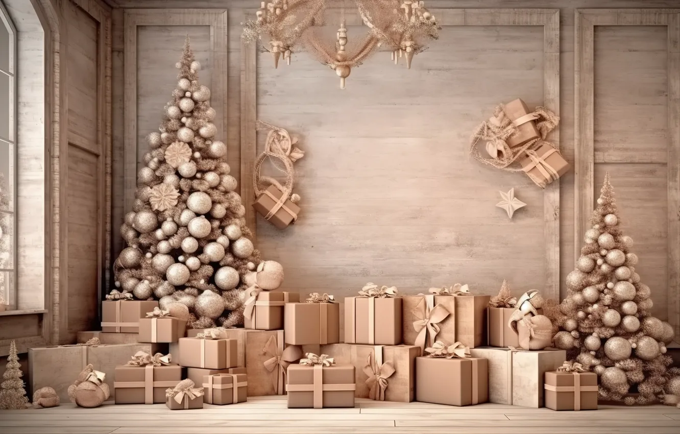 Photo wallpaper winter, decoration, room, gift, balls, tree, new year, interior