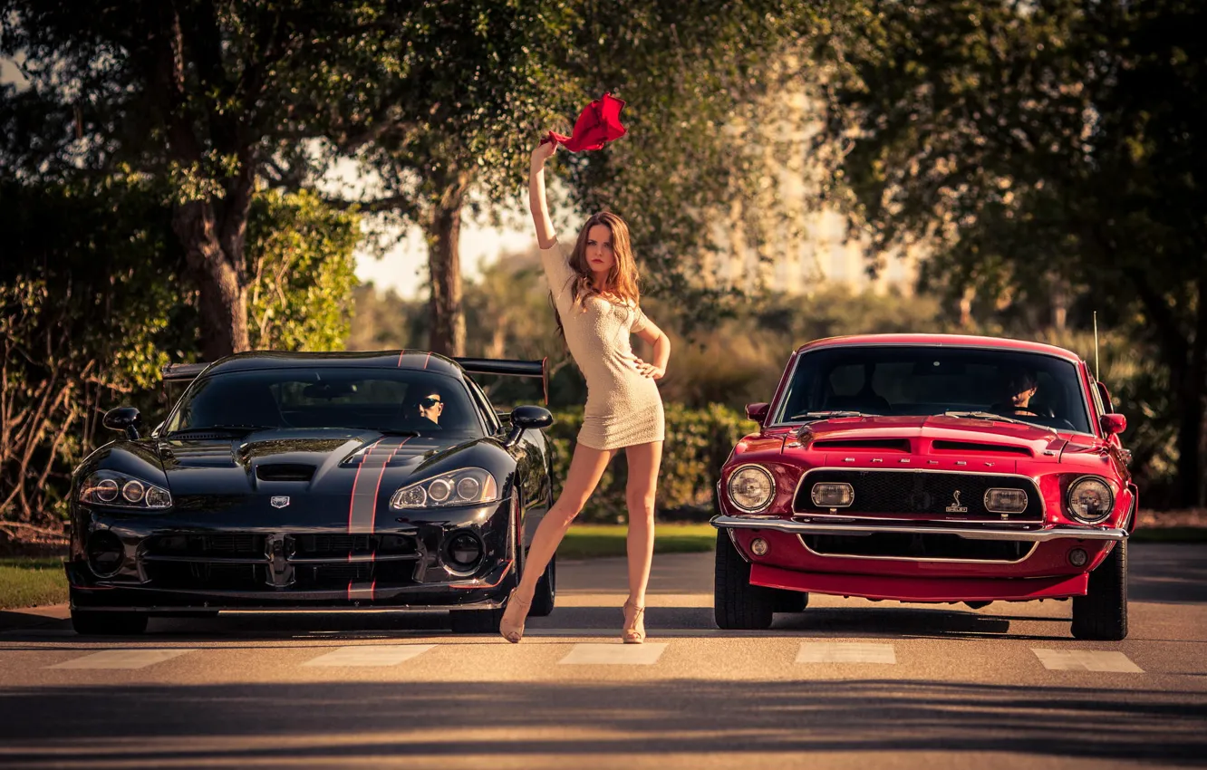 Photo wallpaper girl, Mustang, Ford, Model, flag, Dodge, red, muscle car