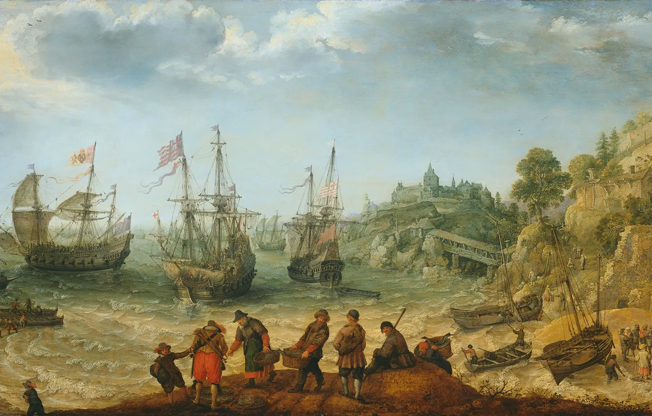 Photo wallpaper oil, picture, 1621, Adam Willaerts, Ships at the Rocky Shore, Adam Willarts