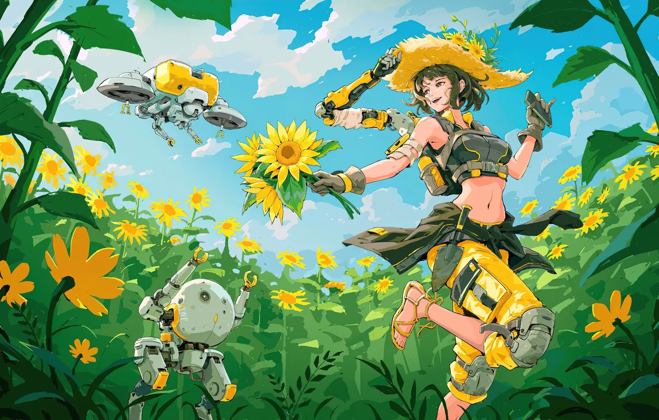 Photo wallpaper summer, sunflowers, anime, summer, robot, Anime girl, future art, Anime Art