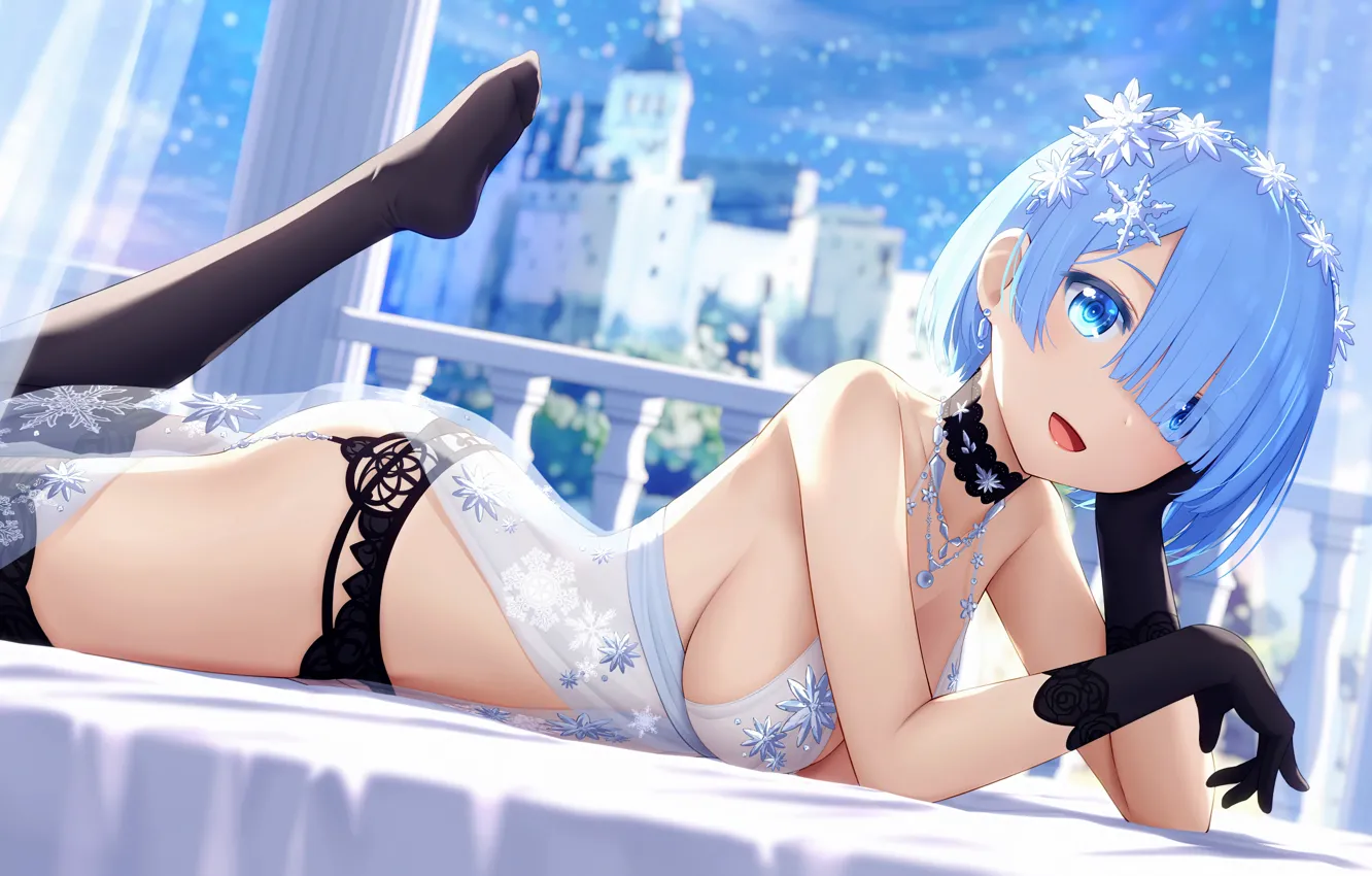 Photo wallpaper girl, sexy, cleavage, thighhighs, dress, boobs, anime, blue eyes