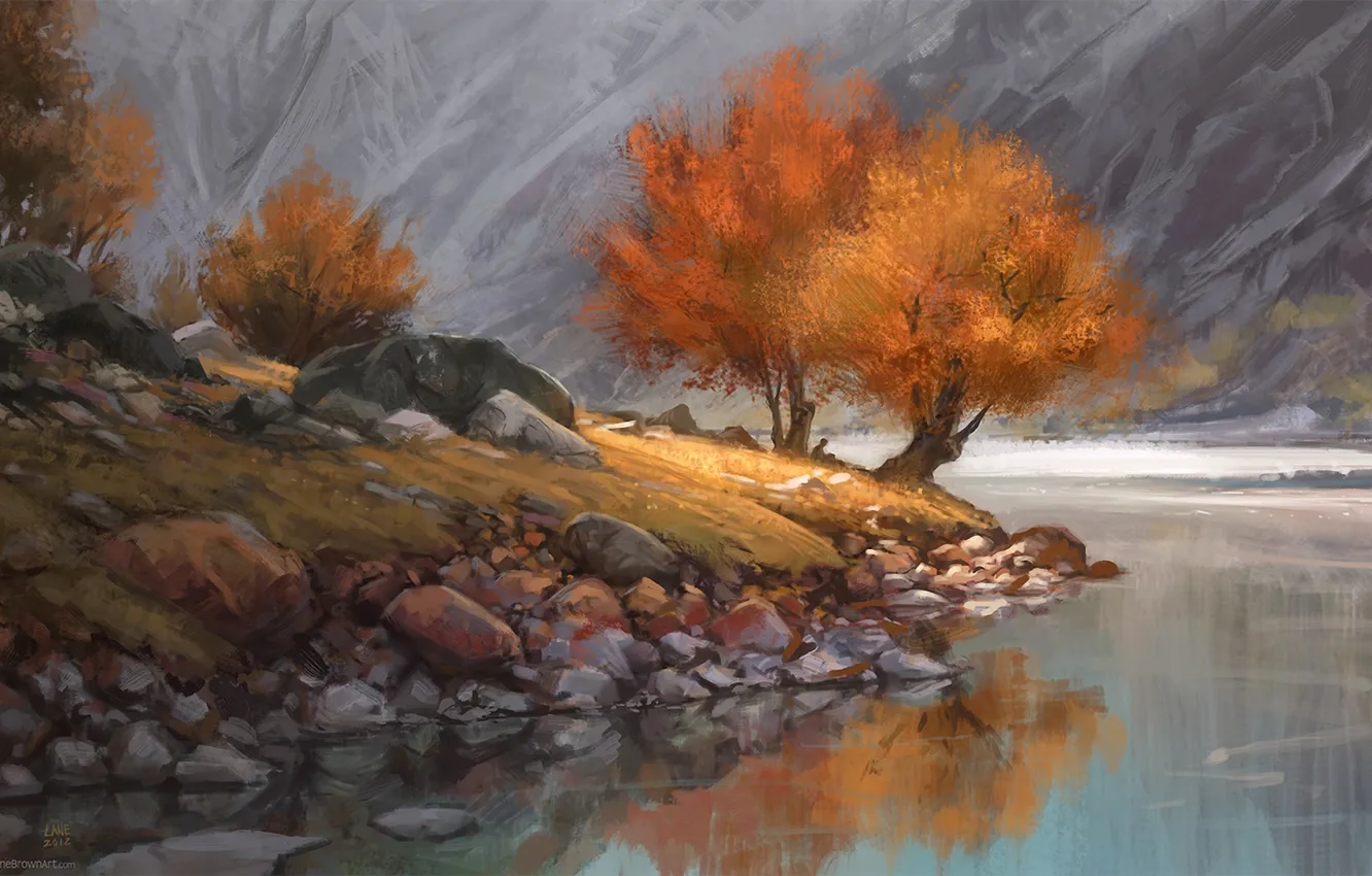 Photo wallpaper autumn, trees, mountains, lake, river, loneliness, stones, shore