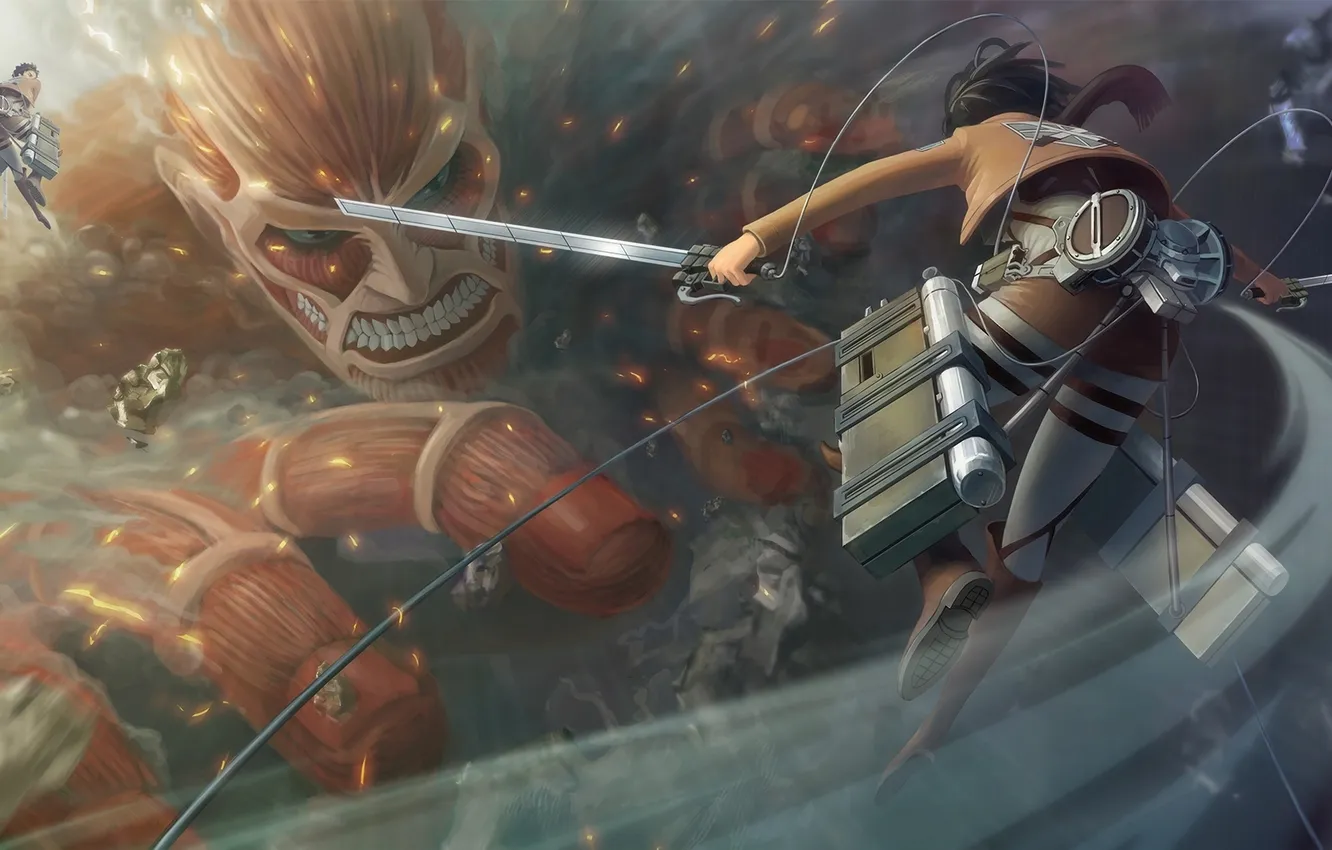 Photo wallpaper girl, flight, anger, soldiers, destruction, guy, art, blade