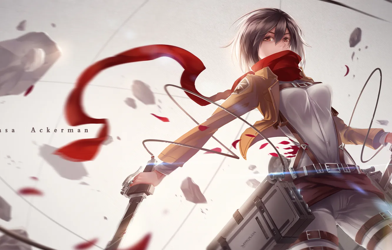 Photo wallpaper girl, scarf, soldiers, destruction, form, art, blade, Shingeki no Kyojin
