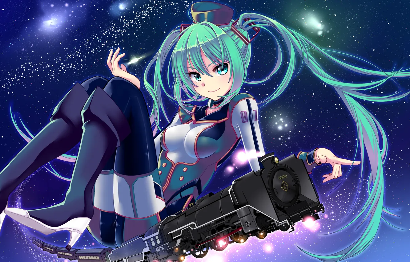 Photo wallpaper look, girl, space, smile, background, the engine, form, vocaloid