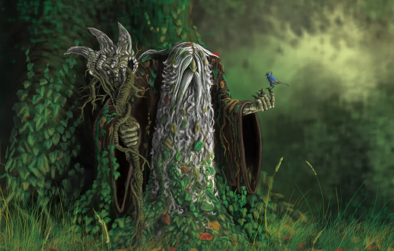 Photo wallpaper forest, leaves, bird, the old man, staff, beard, gray, ivy