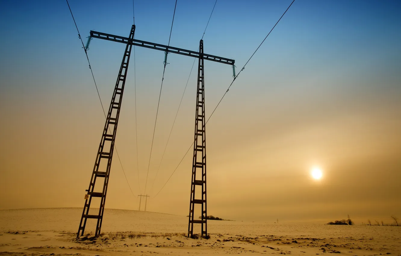 Photo wallpaper field, the sky, wire, support