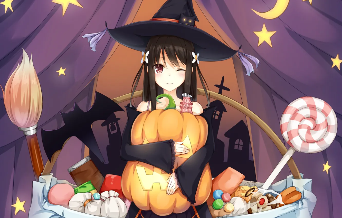 Photo wallpaper girl, hat, pumpkin, witch, Halloween