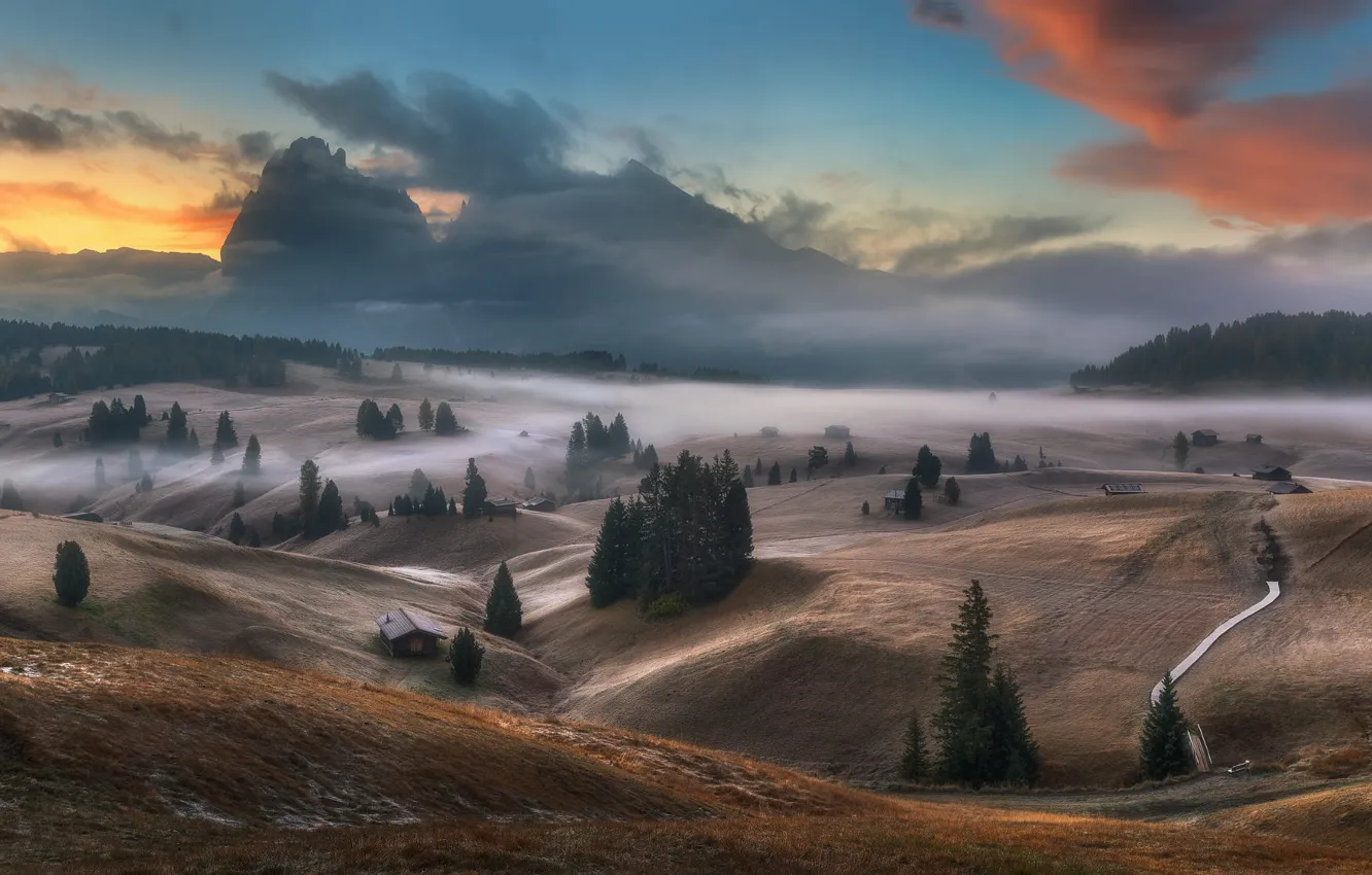 Photo wallpaper field, autumn, forest, fog, morning, Alps, house