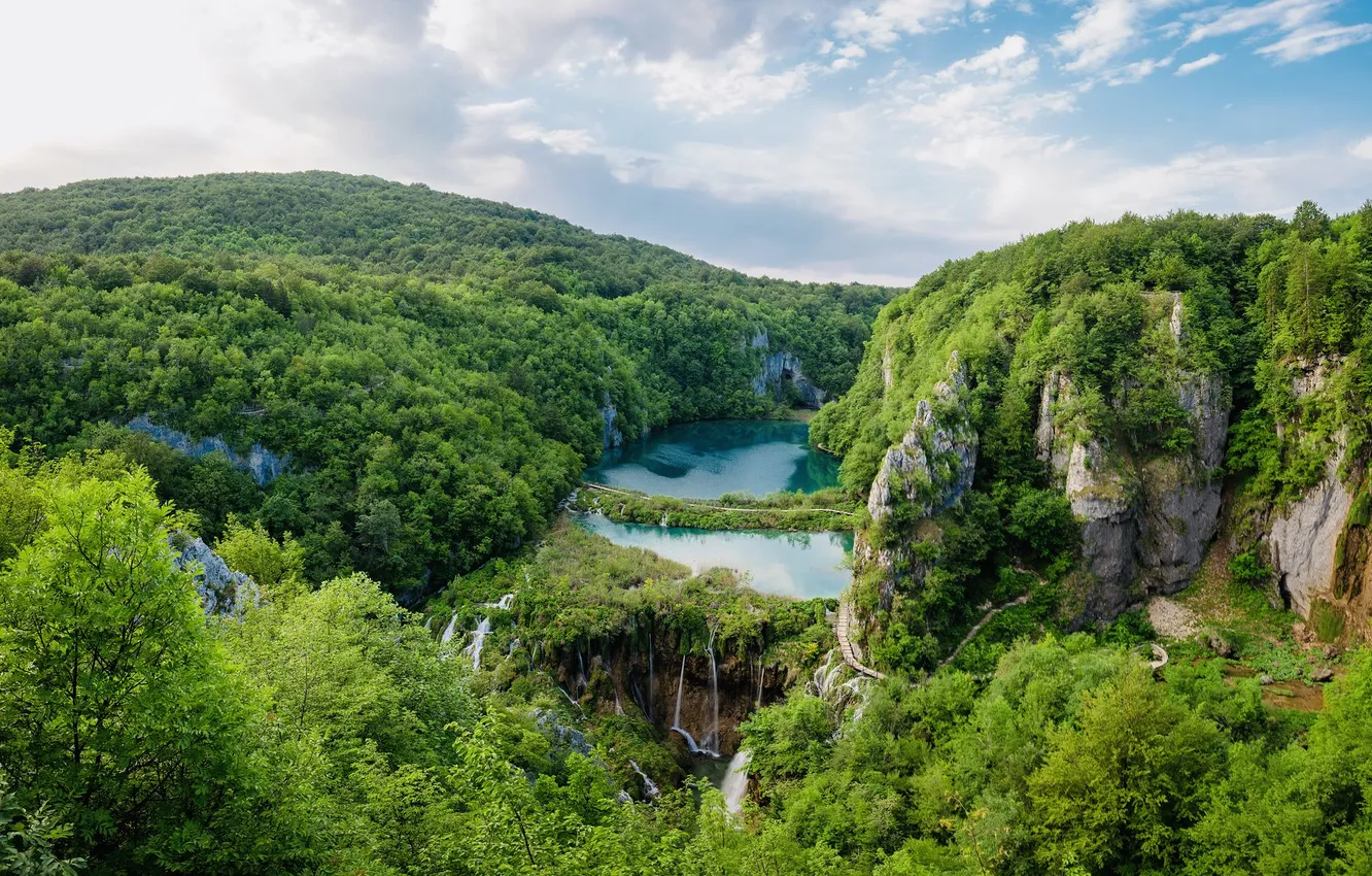 Photo wallpaper greens, forest, the sky, clouds, mountains, lake, rocks, thickets