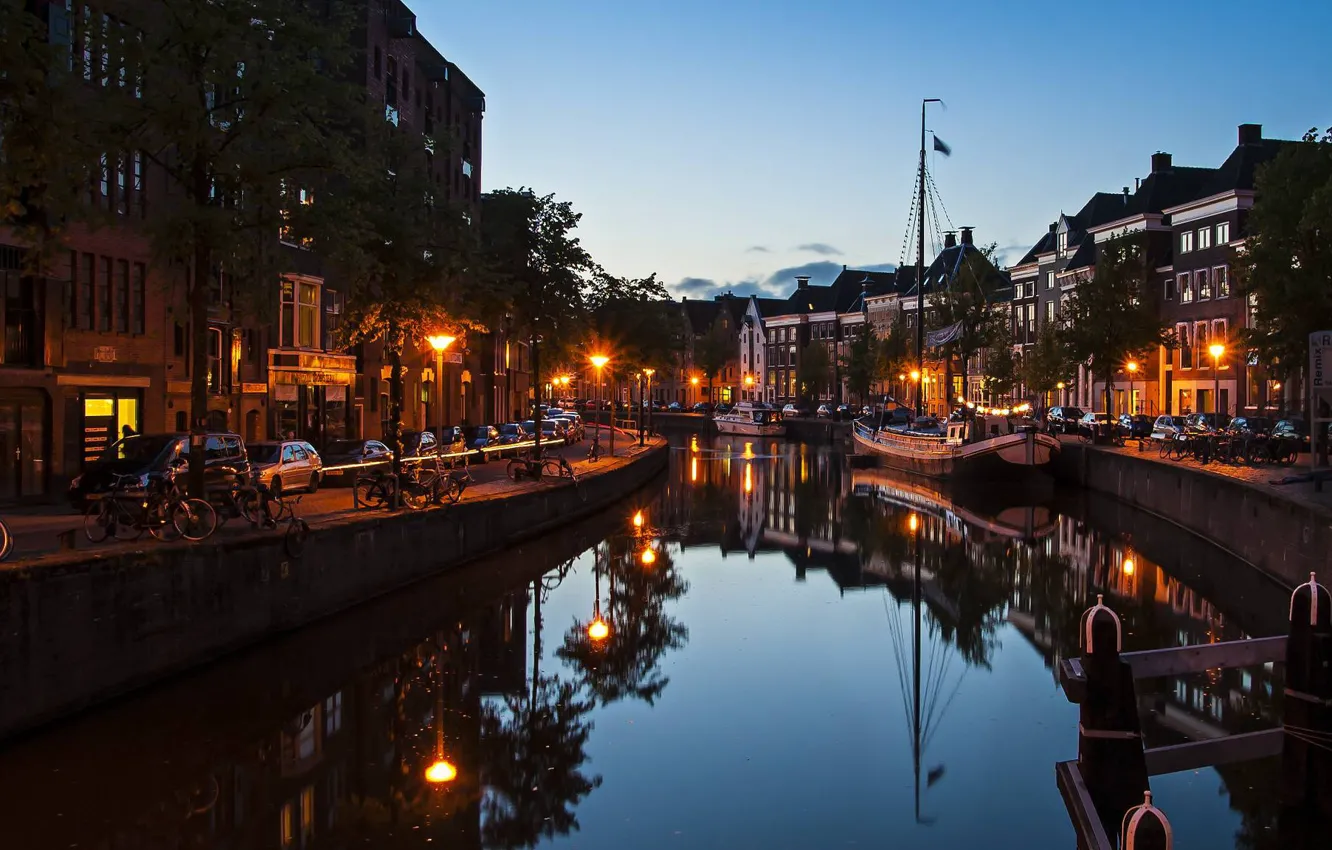 Photo wallpaper Reflection, The evening, The city, Channel, Lights, Netherlands, Holland, Groningen