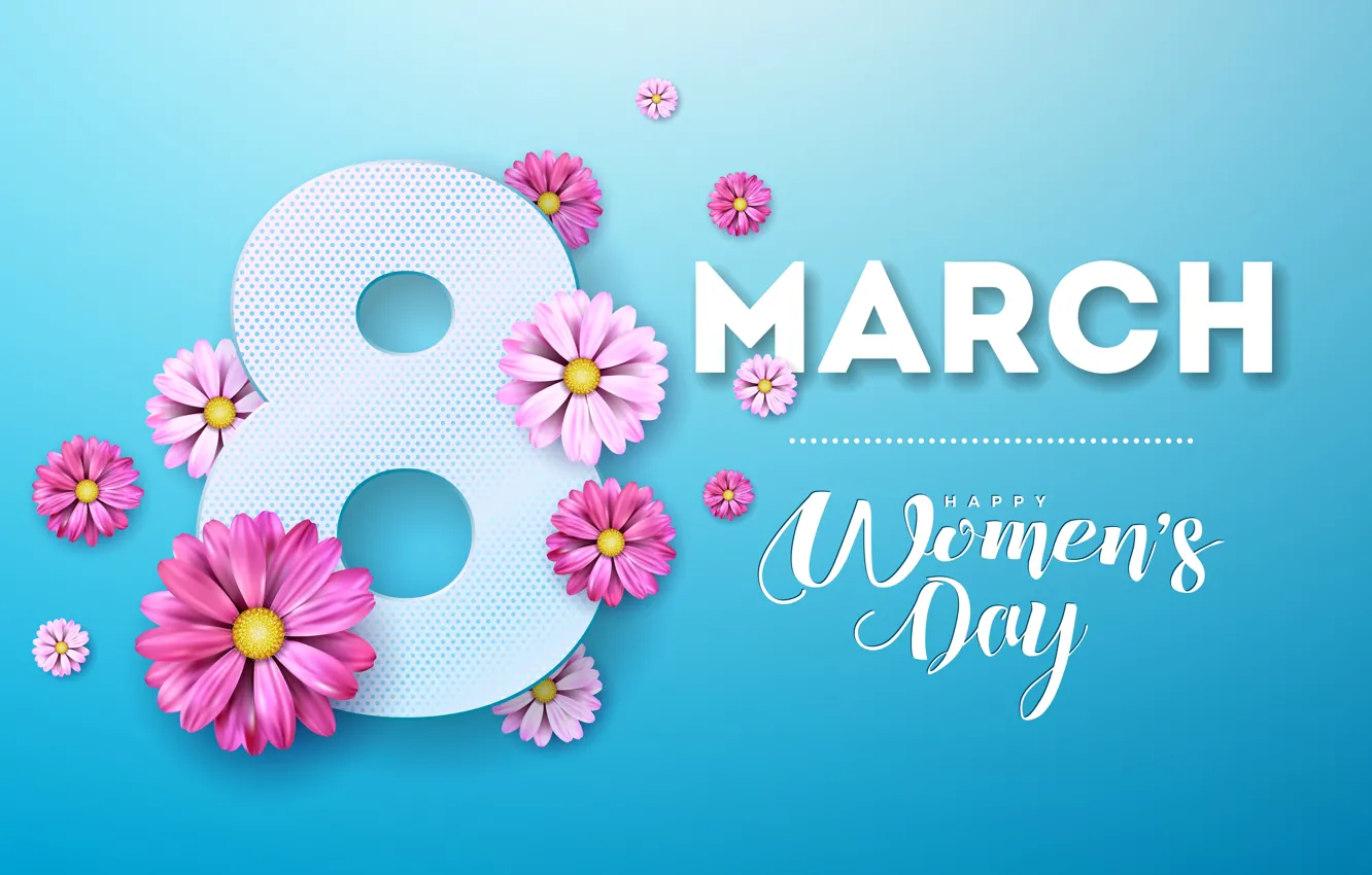 Photo wallpaper flowers, pink, happy, March 8, pink, flowers, blue background, women's day
