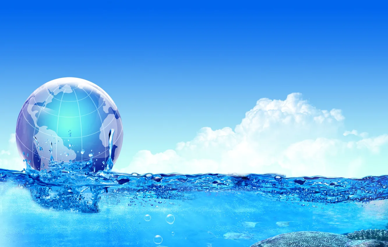 Photo wallpaper sea, water, clouds, collage, ball, Earth