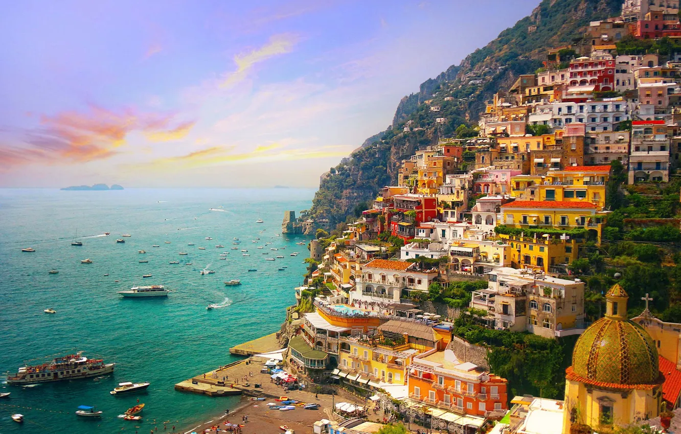 Photo wallpaper sea, sunset, mountains, home, yachts, Italy, panorama, Amalfi