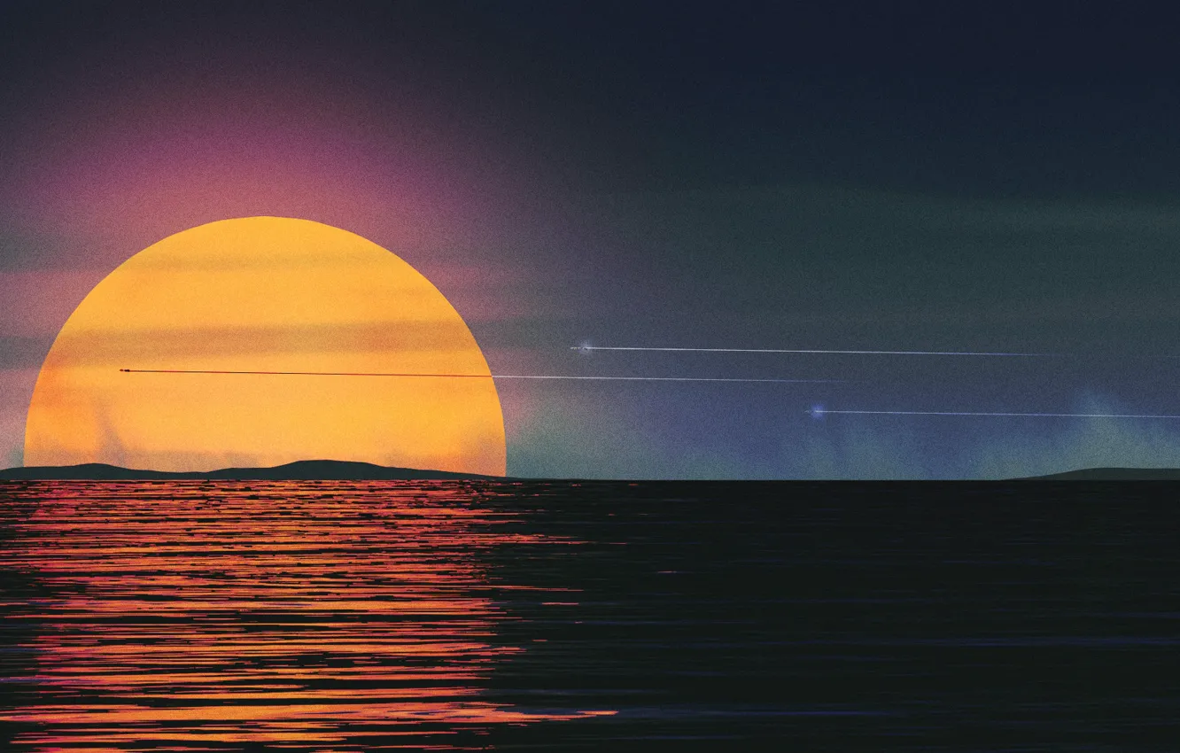 Photo wallpaper Sunset, The ocean, Sea, Music, Style, Background, 80s, Sun