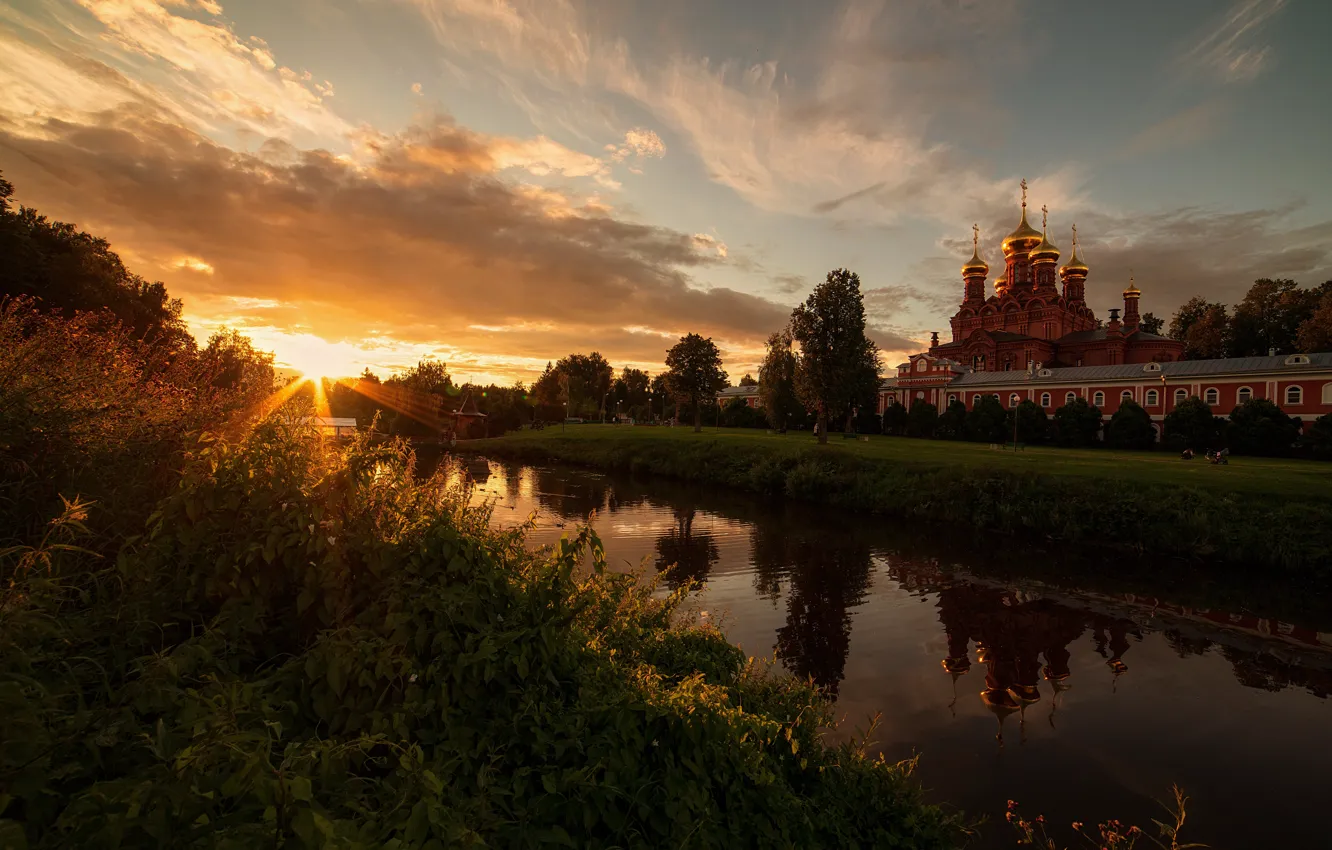 Photo wallpaper grass, the sun, clouds, sunset, reflection, river, shore, the evening