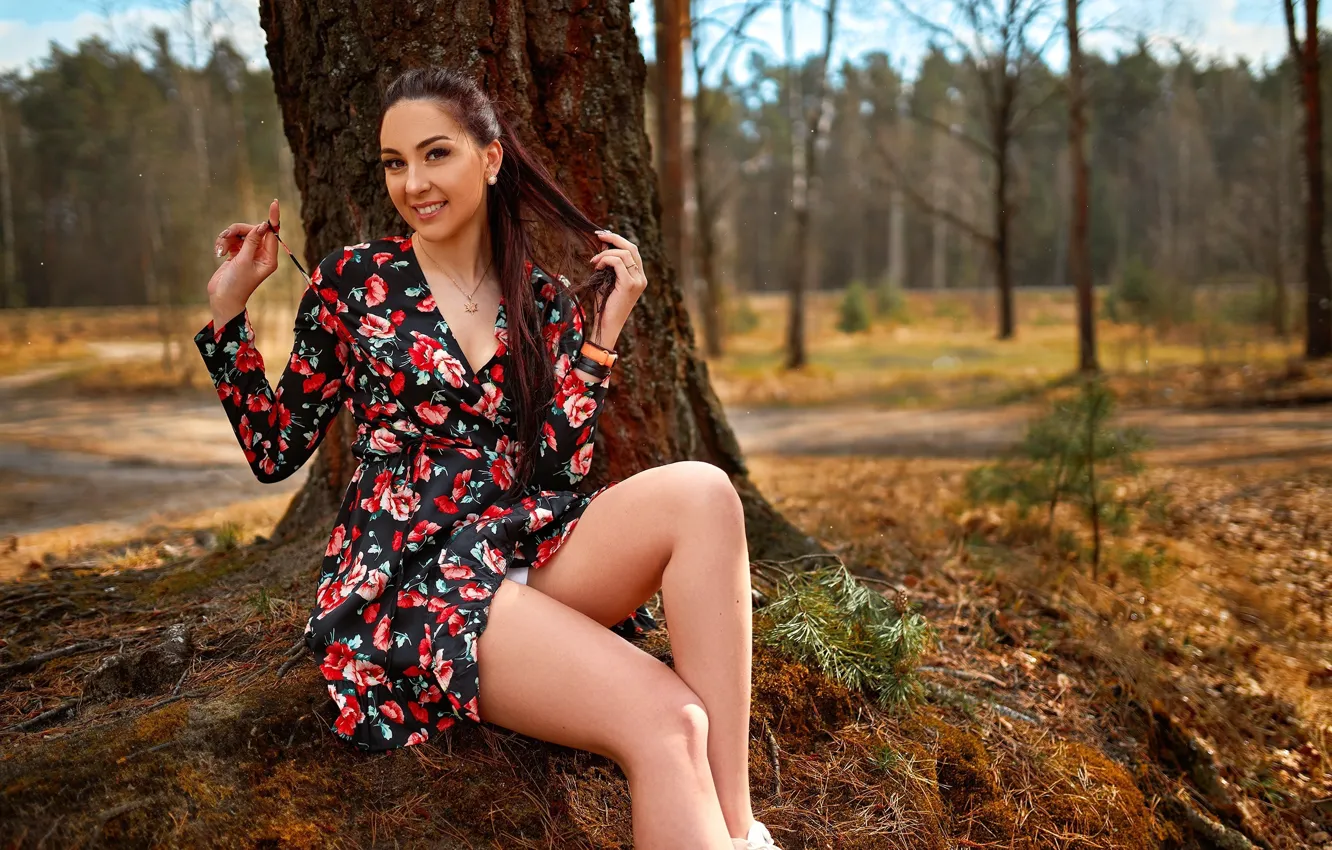 Photo wallpaper forest, girl, nature, smile, feet, dress, brunette, bracelet