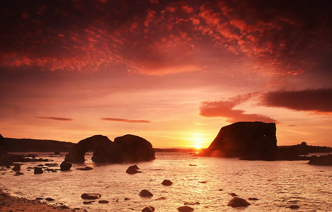 Photo wallpaper beach, rocks, morning, sunsrise