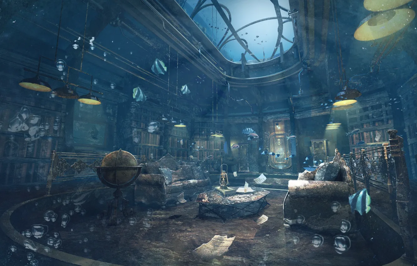 Photo wallpaper bubbles, globe, unlock, flooding, bibliotheque