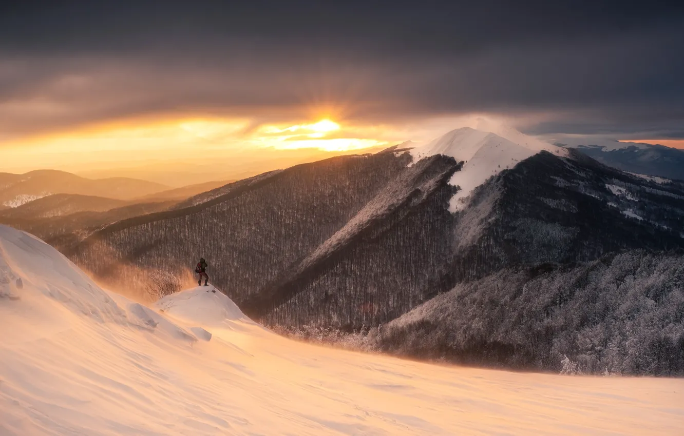 Photo wallpaper winter, forest, the sun, clouds, light, snow, mountains, clouds