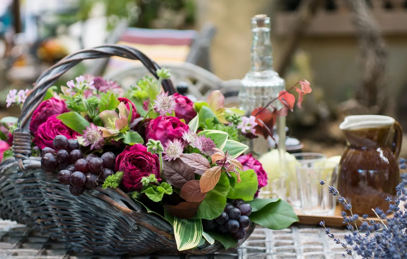 Photo wallpaper flowers, basket, grapes, leaf, peonies