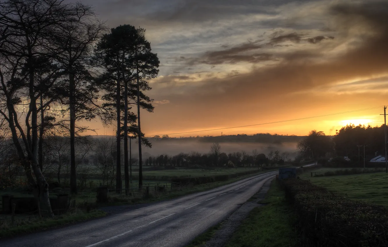 Photo wallpaper road, sunset, fog