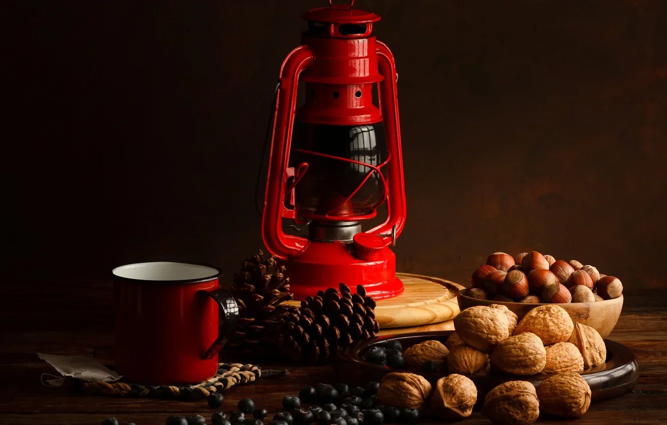 Photo wallpaper red, berries, lamp, blueberries, Cup, nuts, bumps, forest