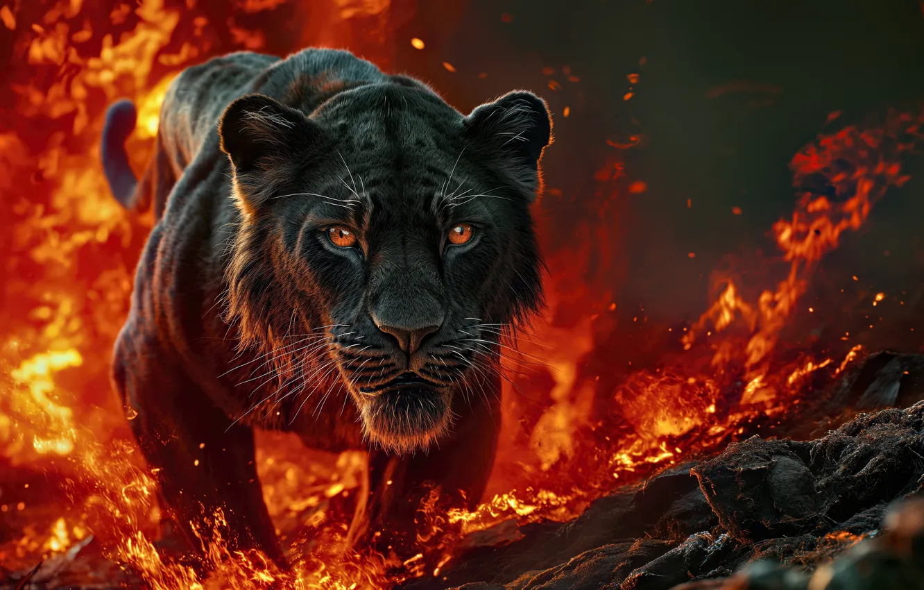 Photo wallpaper wallpaper, fire, cat, look, wild, wild cat, Black Panther
