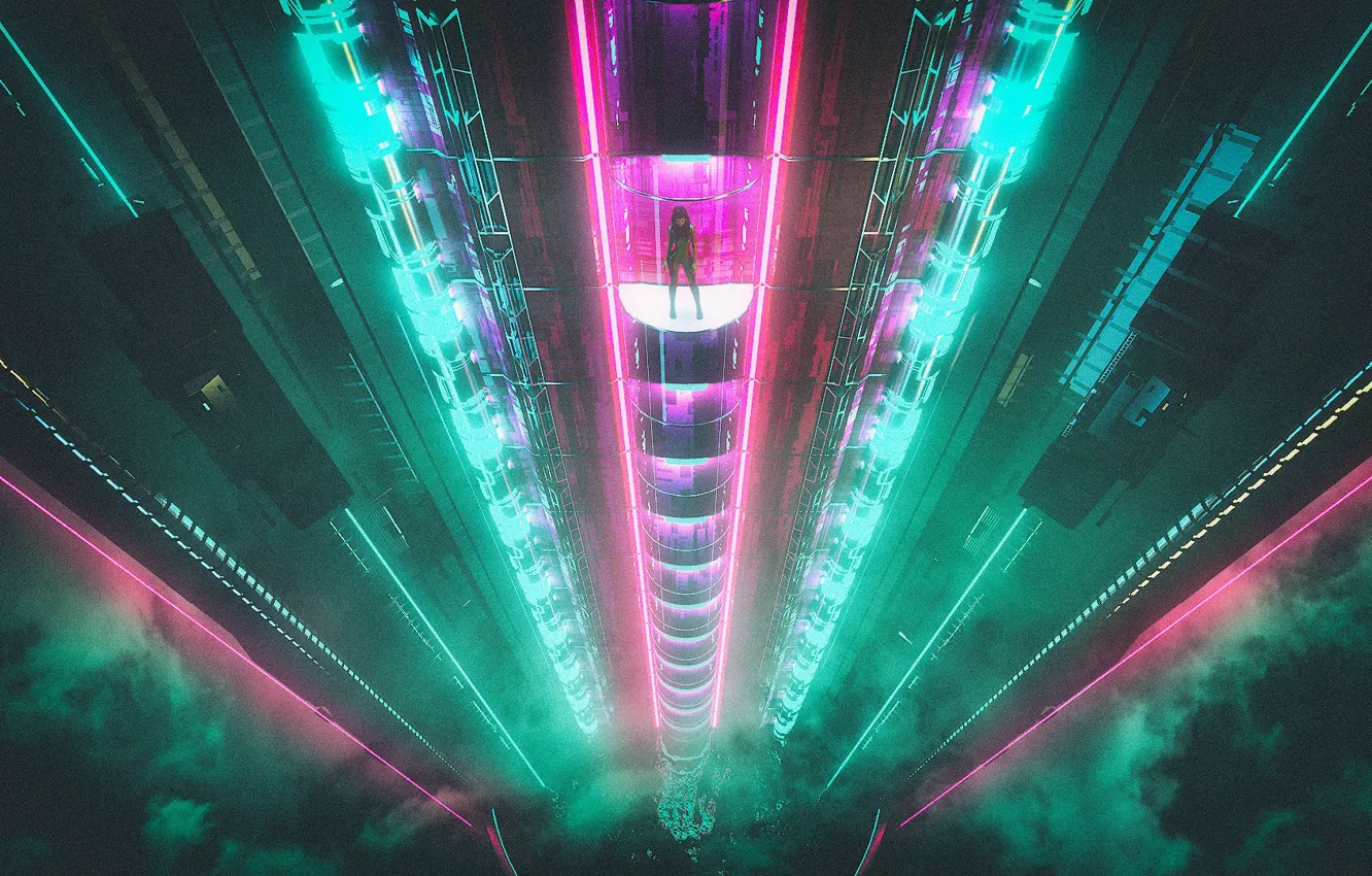 Photo wallpaper Girl, Music, The building, Background, Lift, Cyberpunk, Synth, Retrowave