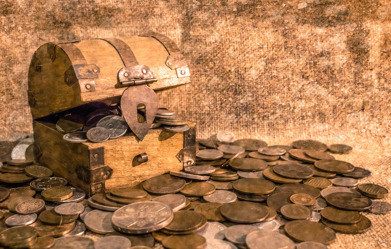 Photo wallpaper money, coins, box