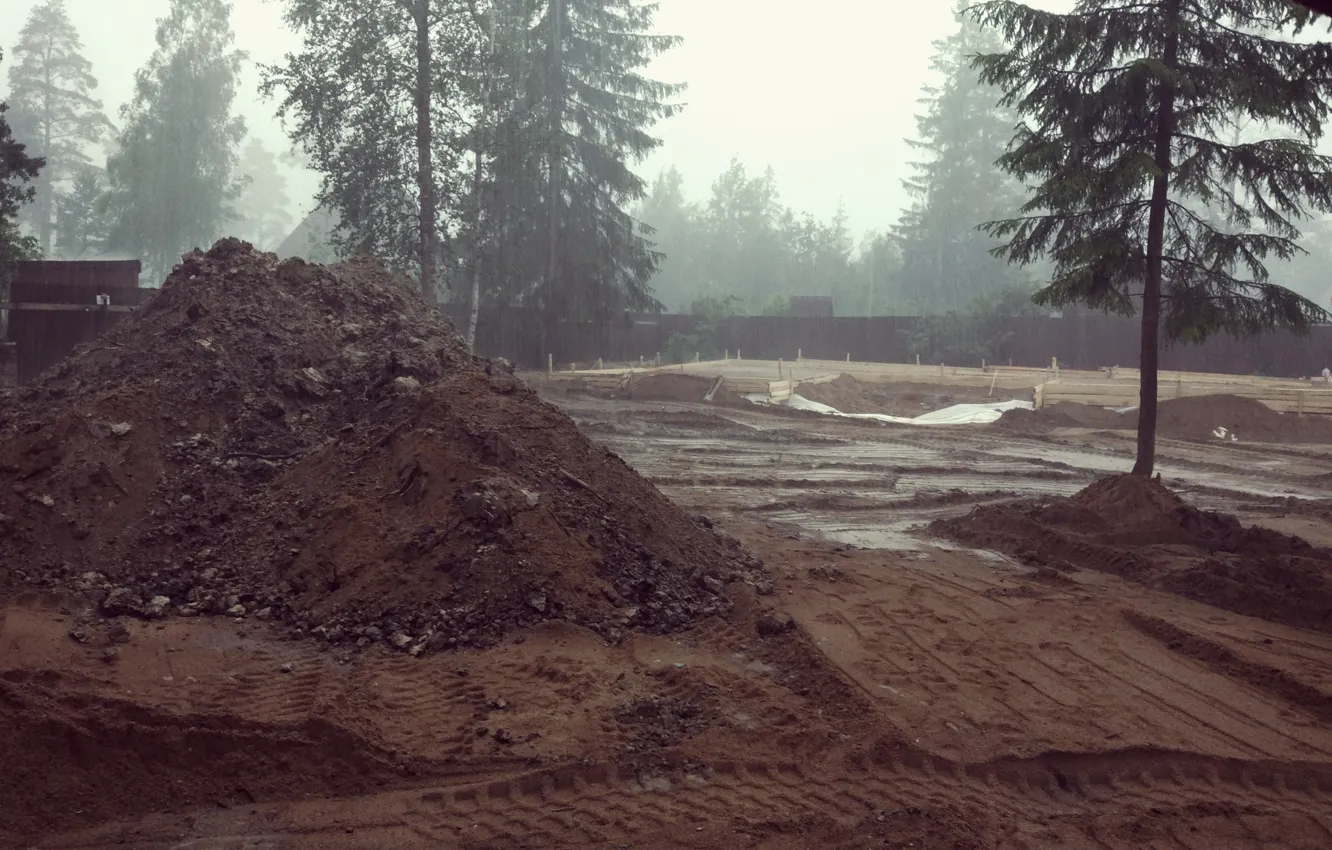 Photo wallpaper rain, construction, tree, dirt