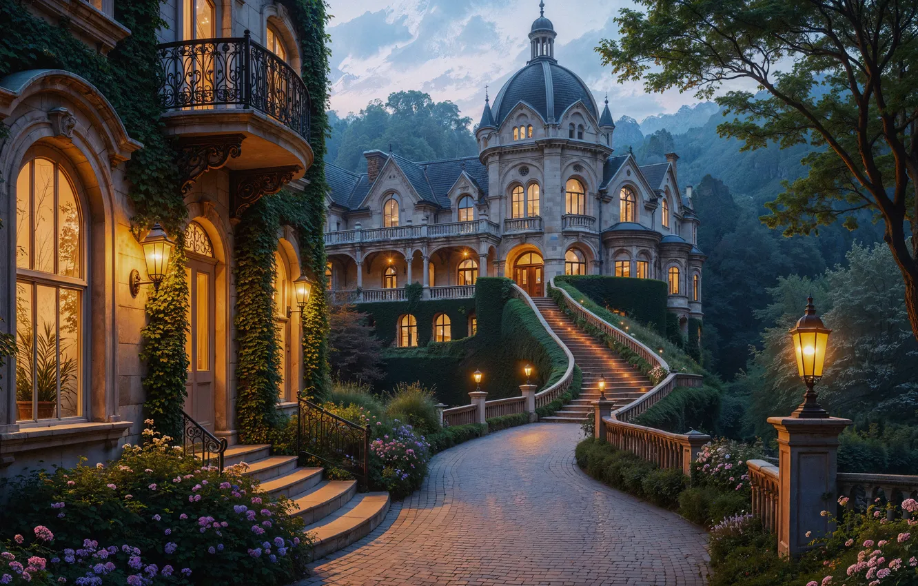 Photo wallpaper castle, fabulous, castle, ancient, fairytale, gloomy, Enchanted