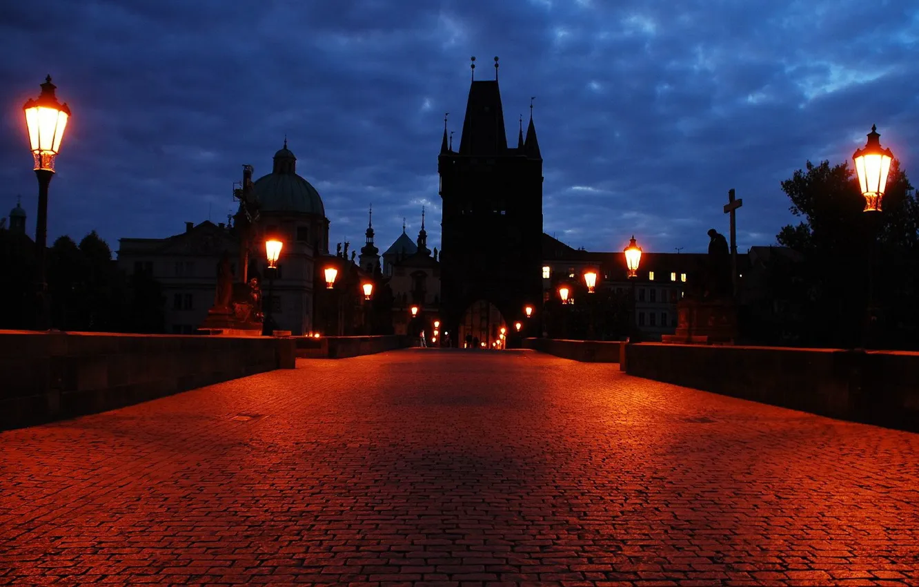 Photo wallpaper bridge, castle, the evening, pavers, lights