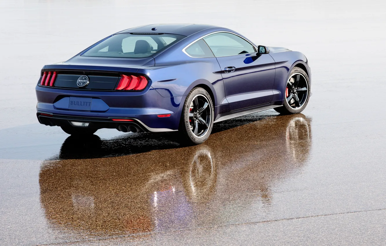 Photo wallpaper Mustang, Ford, rear view, 2018, Bullitt, Kona Blue