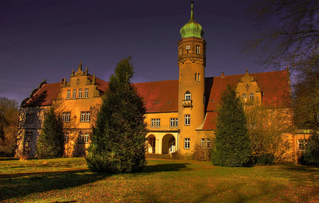 Photo wallpaper autumn, the sky, grass, leaves, the sun, trees, castle, HDR