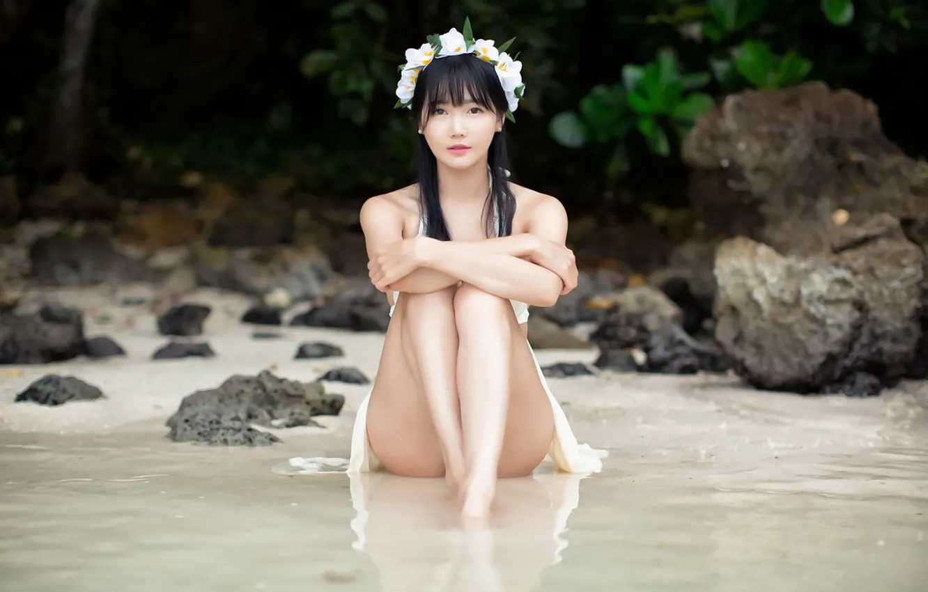 Photo wallpaper girl, sexy, beach, long hair, nature, smile, beautiful, pretty