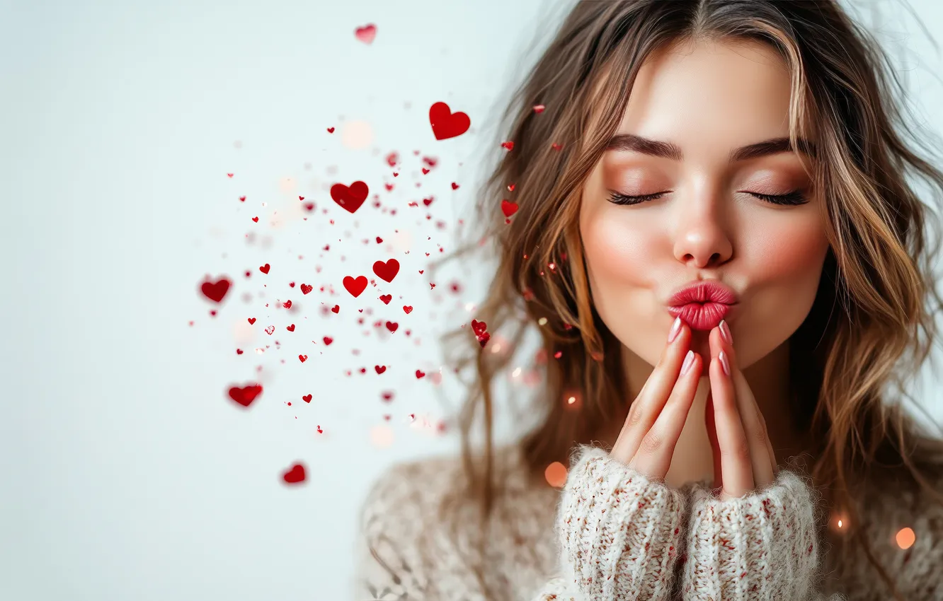 Photo wallpaper girl, face, portrait, kiss, hands, lips, hearts, brown hair