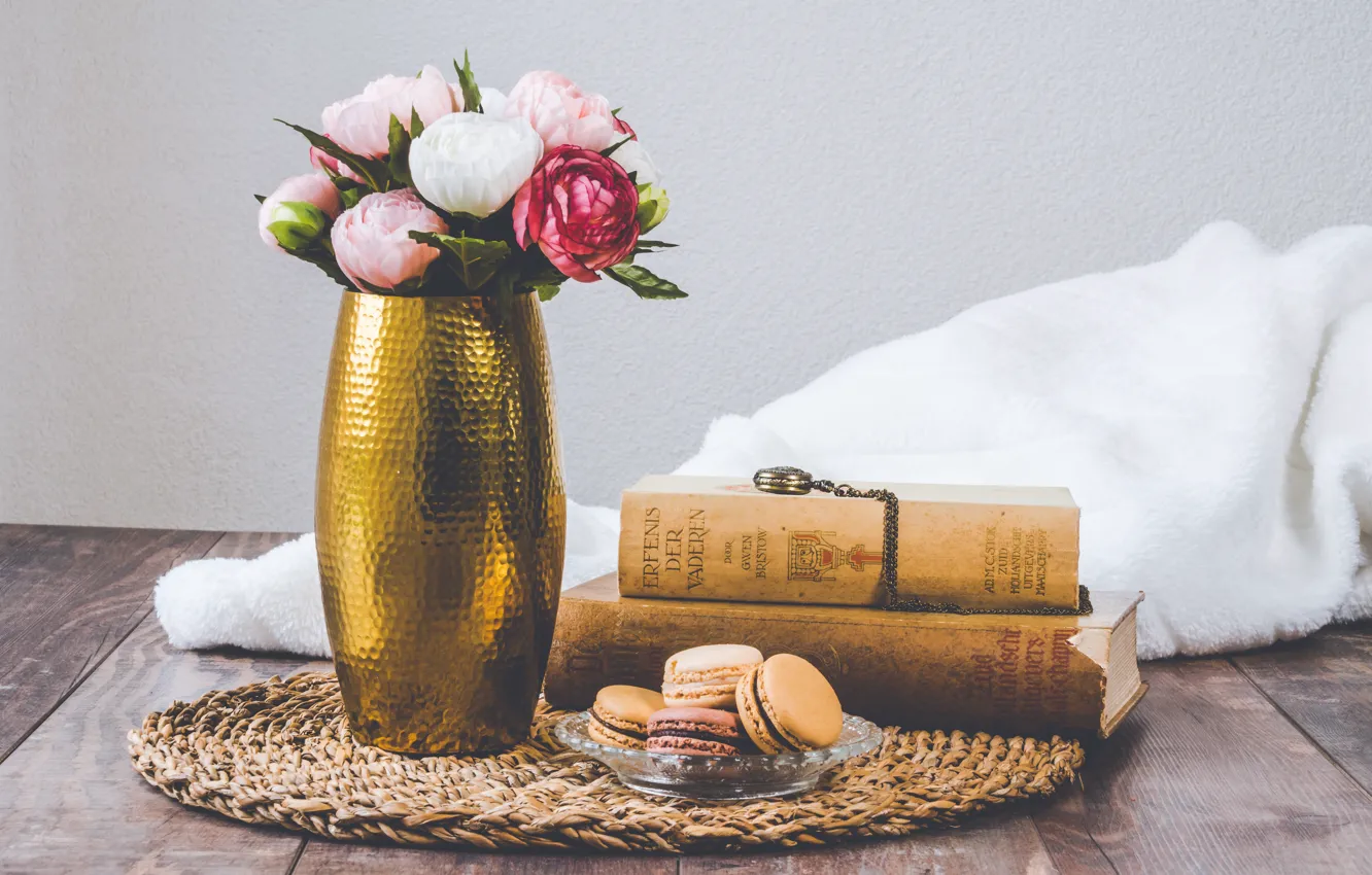 Photo wallpaper retro, books, vase, vintage, macaron