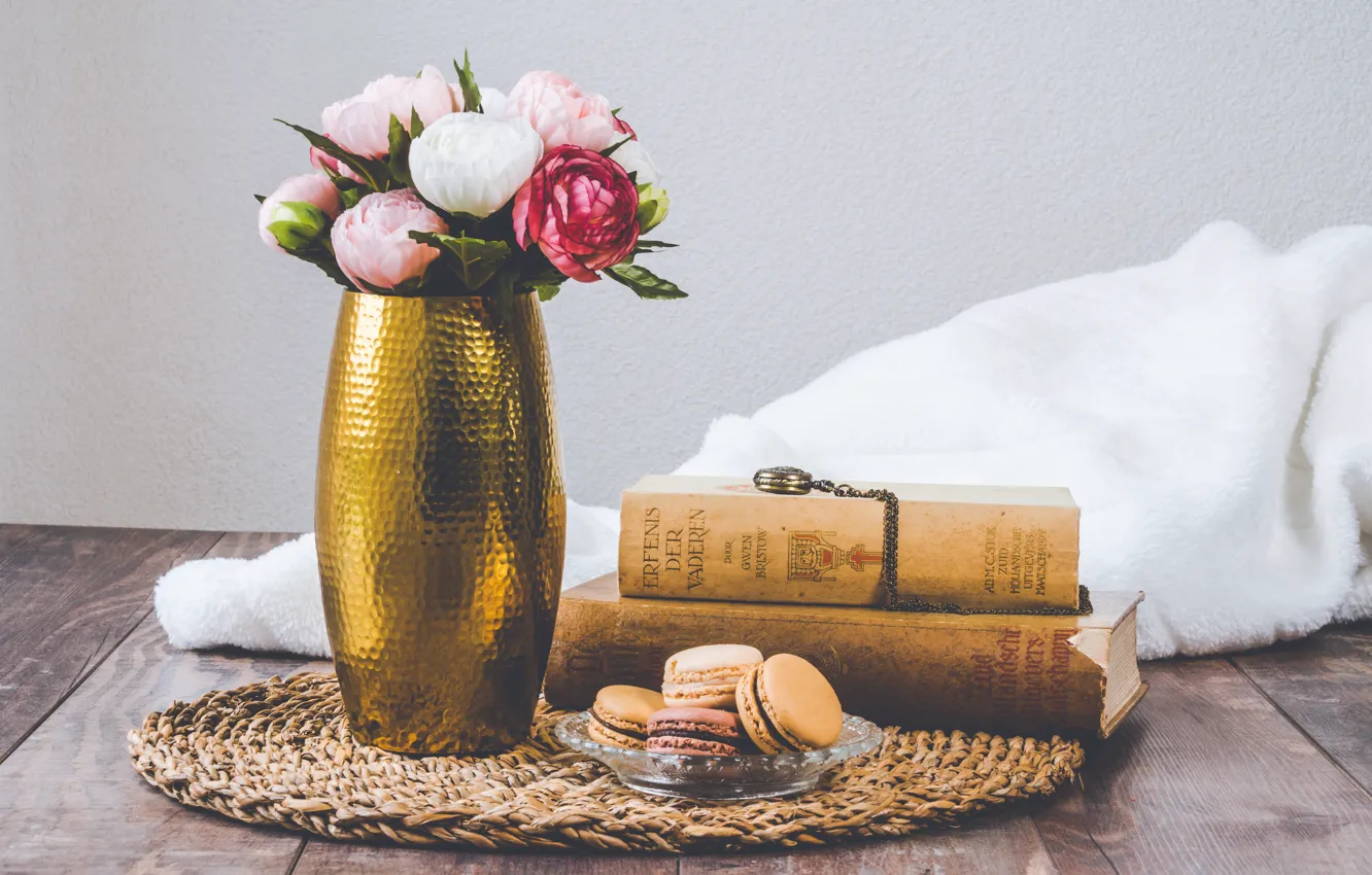 Photo wallpaper retro, book, vase, vintage, macaron