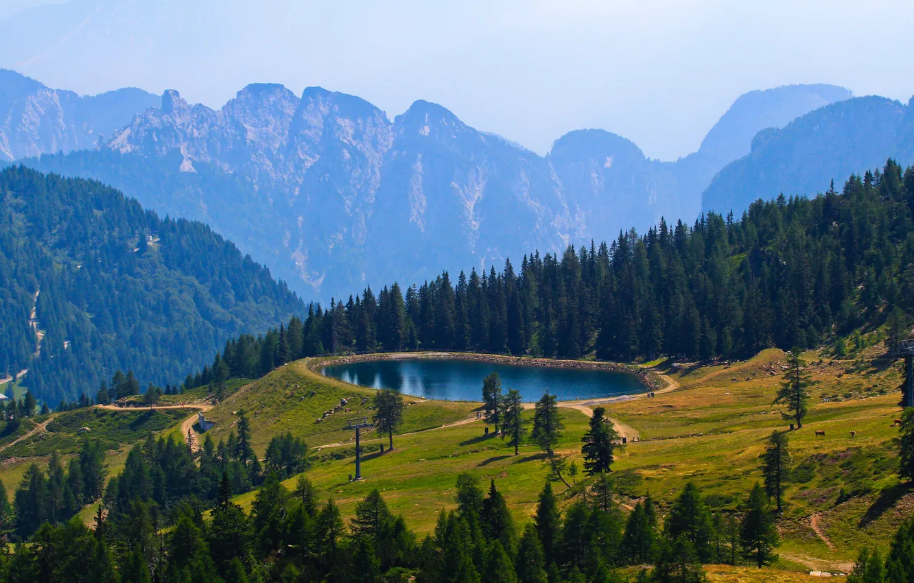 Photo wallpaper the sky, trees, mountains, pond, pool
