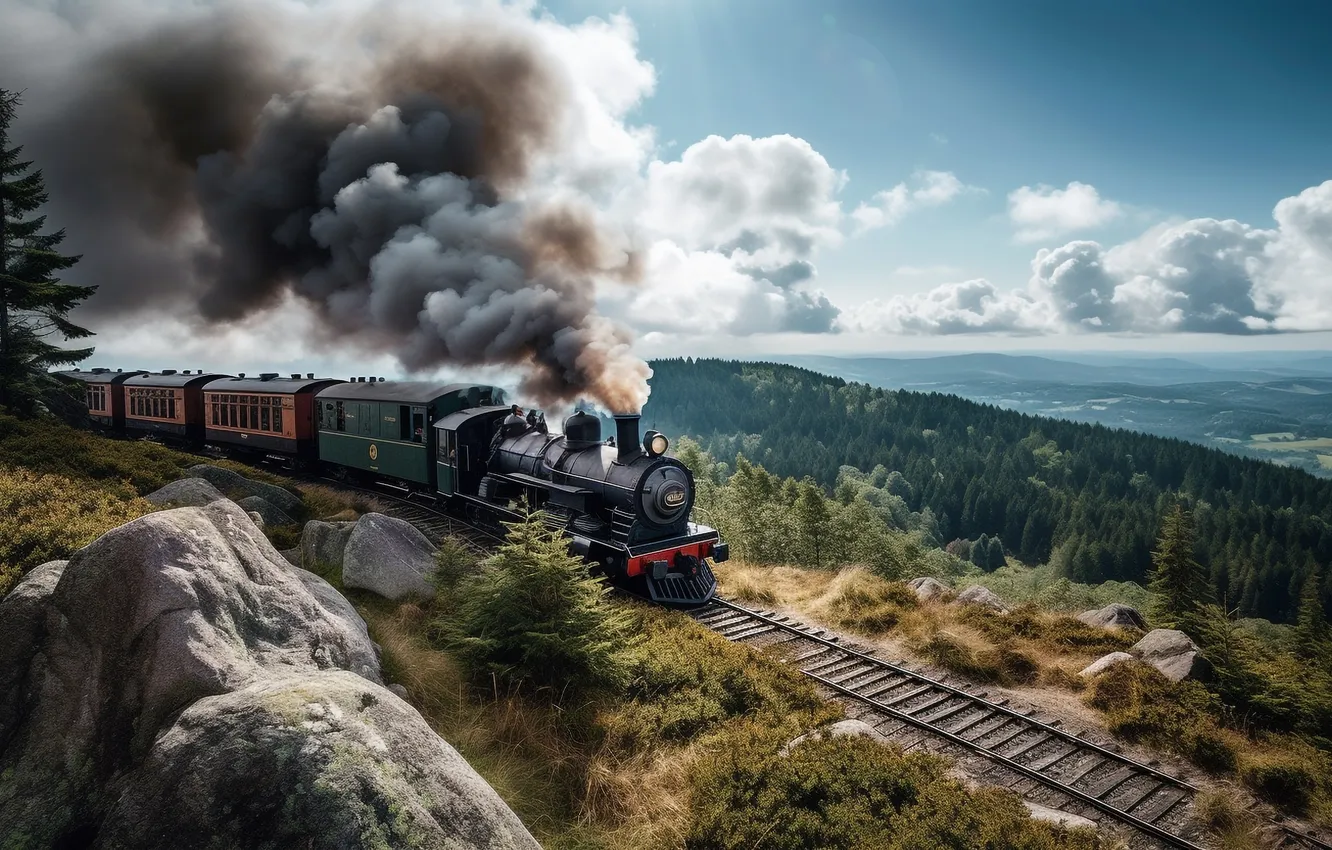 Photo wallpaper Trees, Smoke, The engine, Stones, Railroad, Digital art, AI art, The Art of Artificial Intelligence