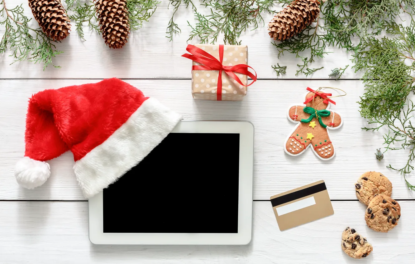 Photo wallpaper decoration, gift, balls, new year, Christmas, Christmas, tablet, wood