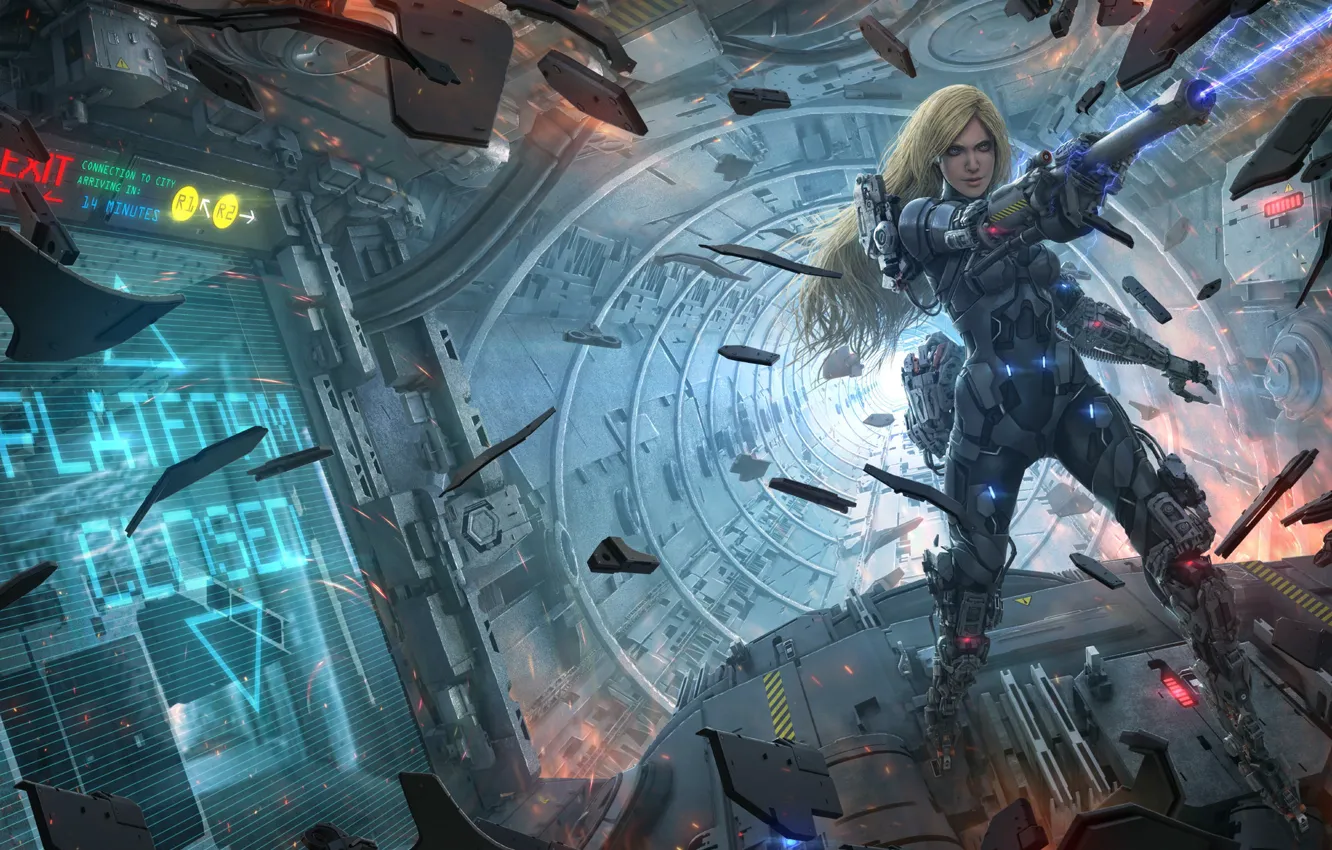 Photo wallpaper girl, fragments, weapons, fiction, ship, art, sci-fi