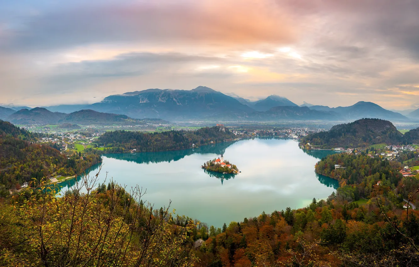 Photo wallpaper Lake Bled, panoramic view, Mala Osojnica, Slovenian sunset