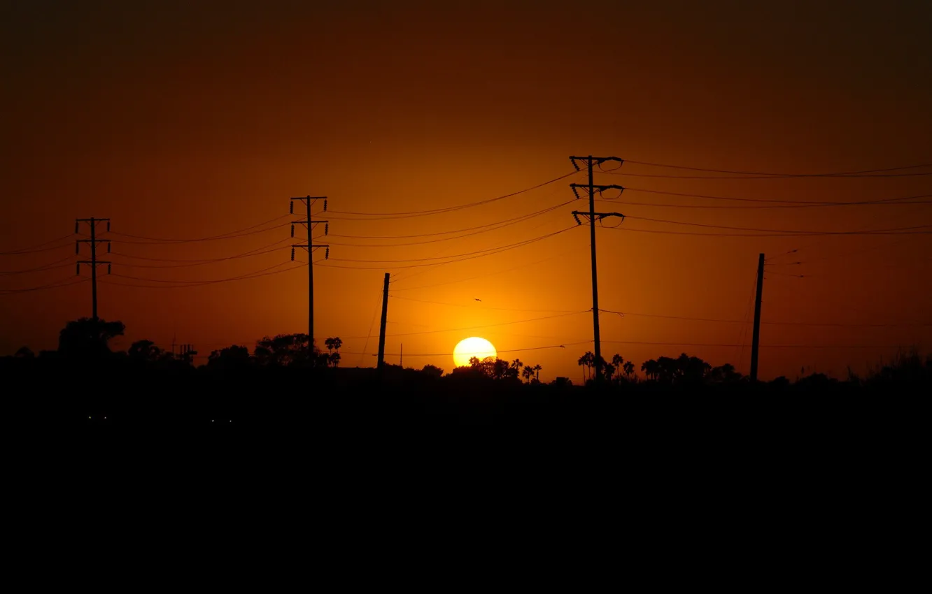 Photo wallpaper the sun, sunset, posts, wire