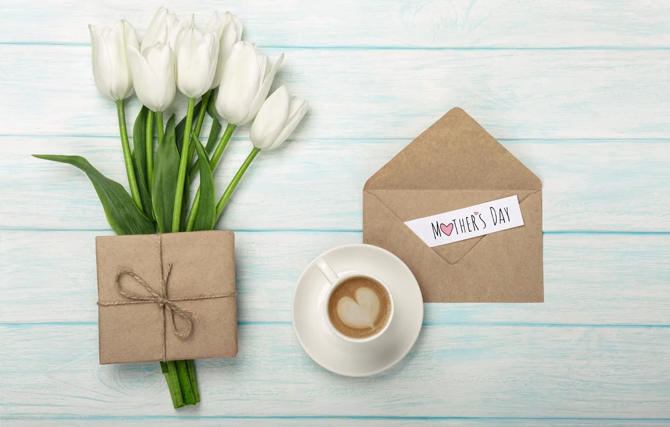 Photo wallpaper flowers, coffee, bouquet, tulips, the envelope, white tulips