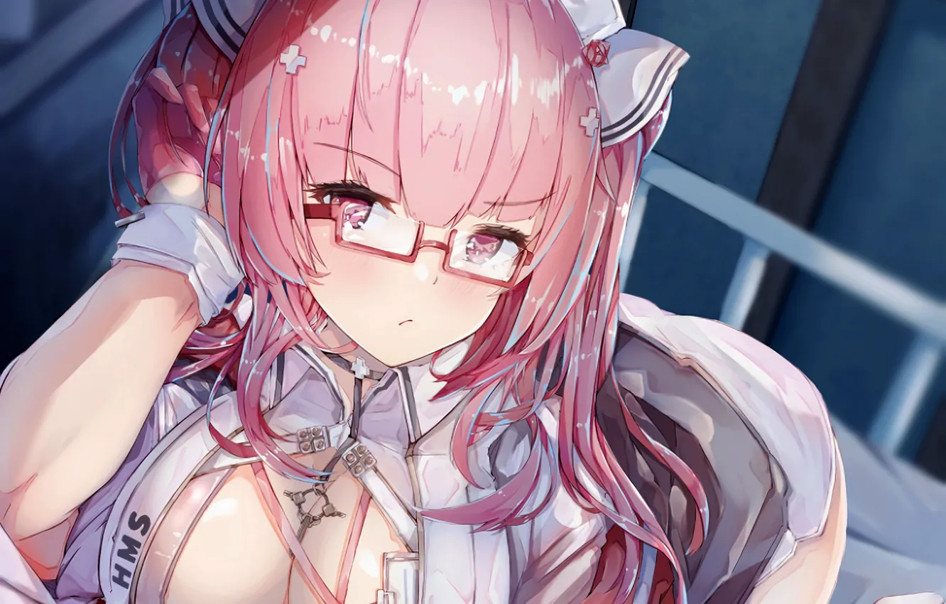 Photo wallpaper girl, sexy, cleavage, thighhighs, pink hair, long hair, dress, boobs